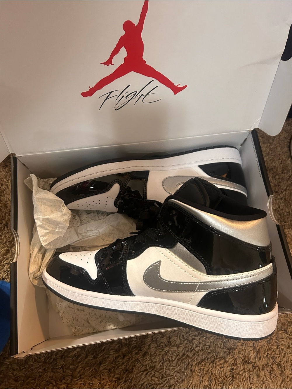 Jordan 1 Mid Black/White/Silver Patent Leather Sneakers - Picture 3 of 4